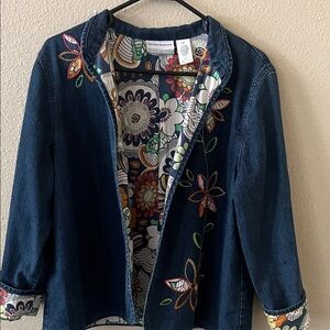 Alfred Dunner Dark Blue Denim Jacket with Floral Embroidery